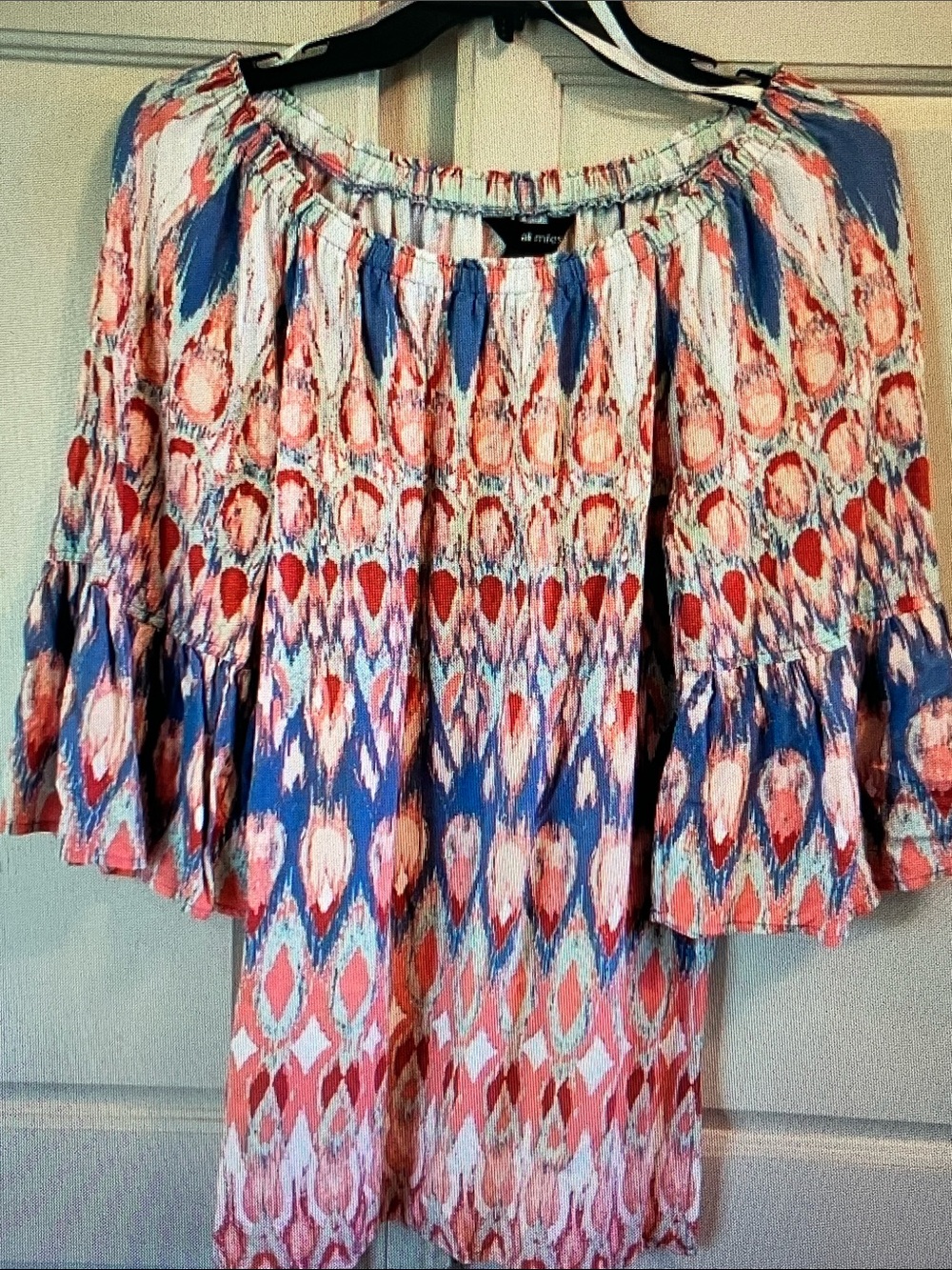 Ali Miles Multicolor Off-Shoulder Boho Blouse - Coral, Blue, White